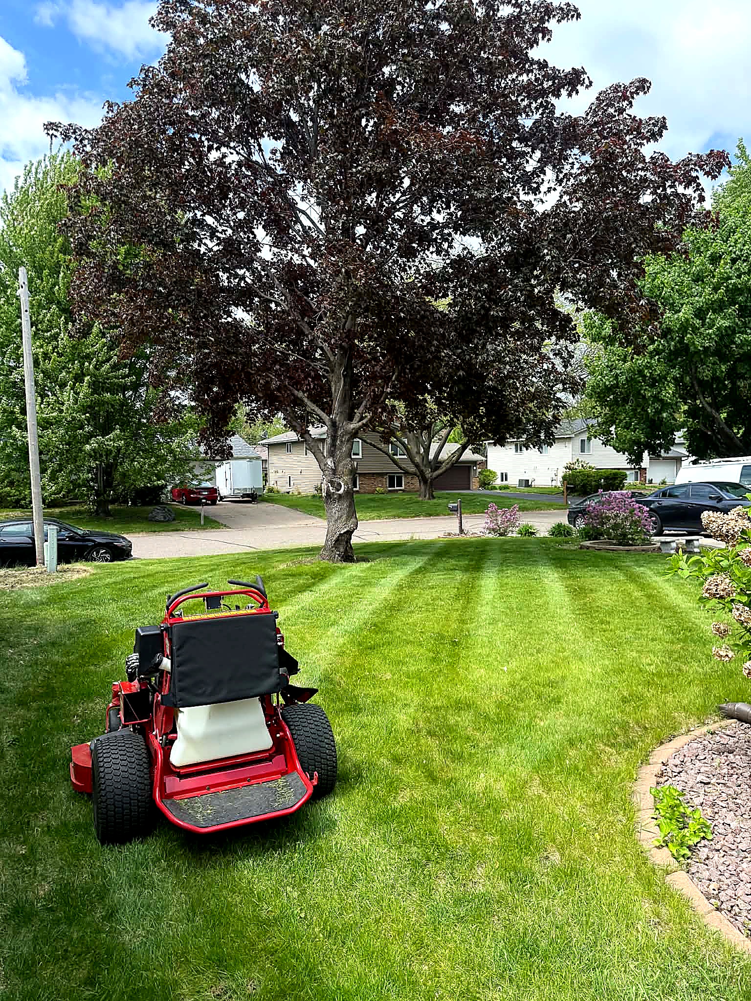 Freshly mowed residential yard with lawn equipment