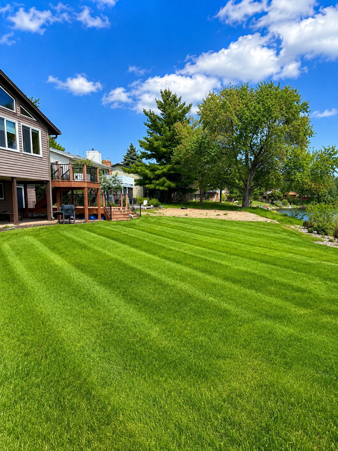Freshly mowed backyard with clean lawn stripes