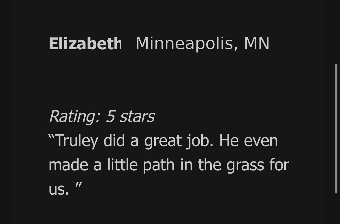 Five-star customer review from Elizabeth in Minneapolis, MN for Minneapolis North Outdoor Services LLC